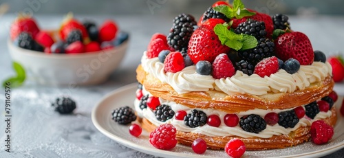 Layered Cake With Berries and Cream on a Plate