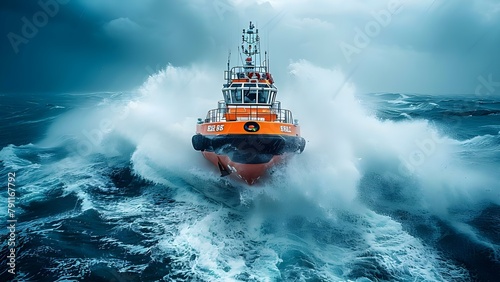 Rescue boat in blue ocean during stormy weather conducting a rescue. Concept Rescue Operation, Stormy Weather, Blue Ocean, Saving Lives, Emergency Response
