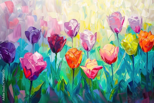 Abstract oil acrylic painting of colorful tulip field on canvas #791168130