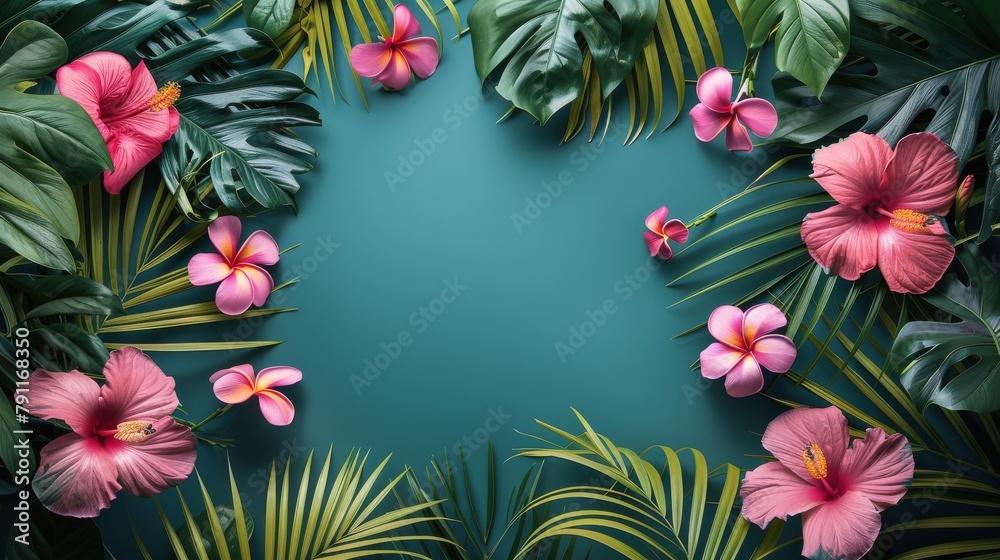 Naklejka premium Blue Background With Pink Flowers and Green Leaves