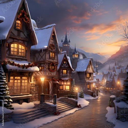 Fairy tale village in the mountains. Christmas and New Year background.