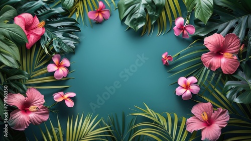 Blue Background With Pink Flowers and Green Leaves © ArtCookStudio