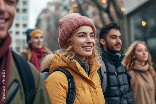 smiling young woman looking at camera while standing among friends in city