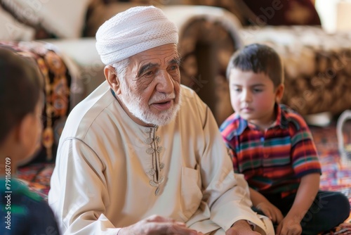 Elderly man with beard, sitting sharing happy event with two young boys