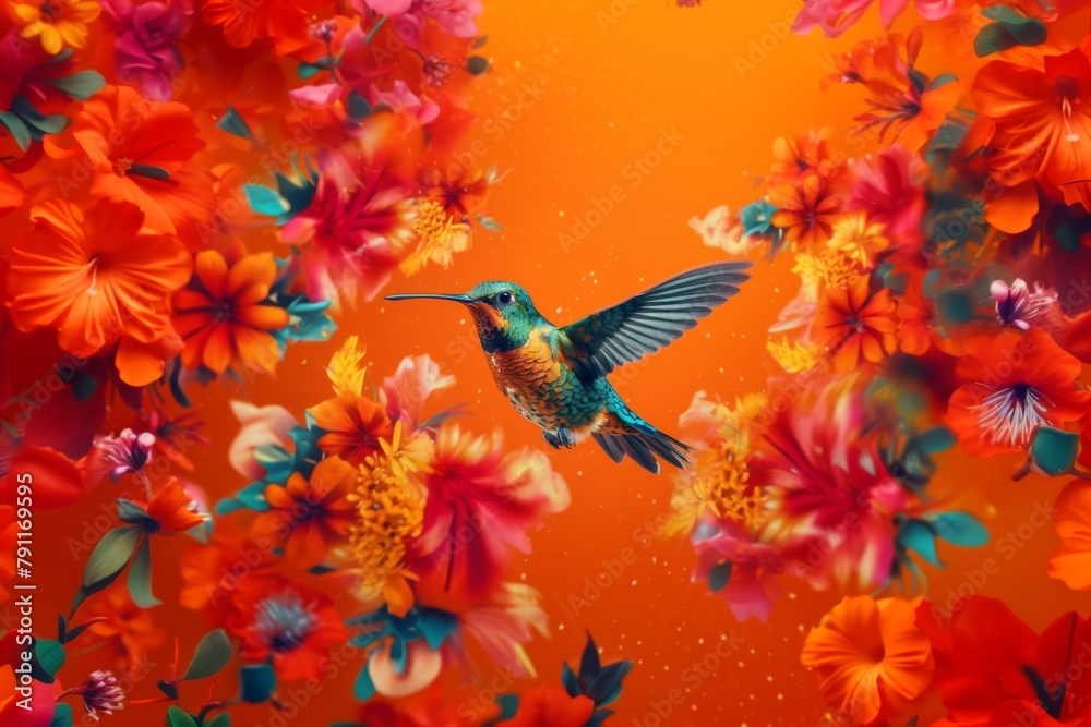 a happy hummingbird in an orange background