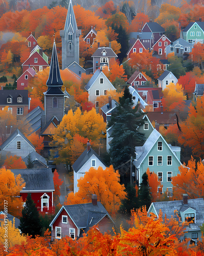 Vibrant Acrylic Painting of Charming Houses and Orange Trees in New Brunswick, Canada