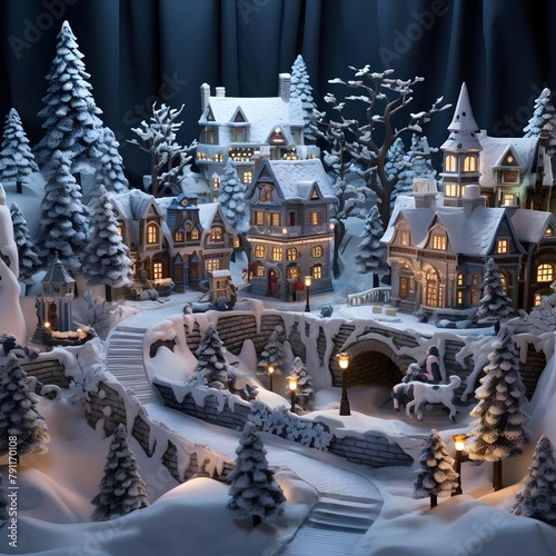 Christmas and New Year miniature village in the snow. 3D rendering