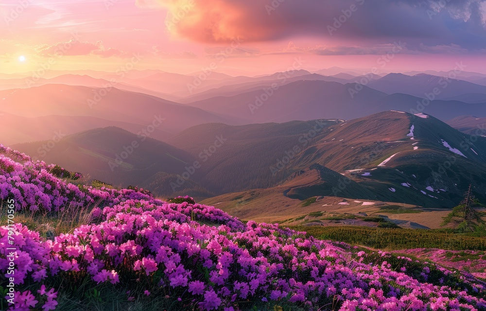 Purple Flowers on the Side of a Mountain at Sunset Purple Flowers on the Side of a Mountain at Sunset