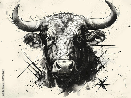 Vibrant bull head sketch, detailed 3/4 angle, stunning line art, illustration drawing photo