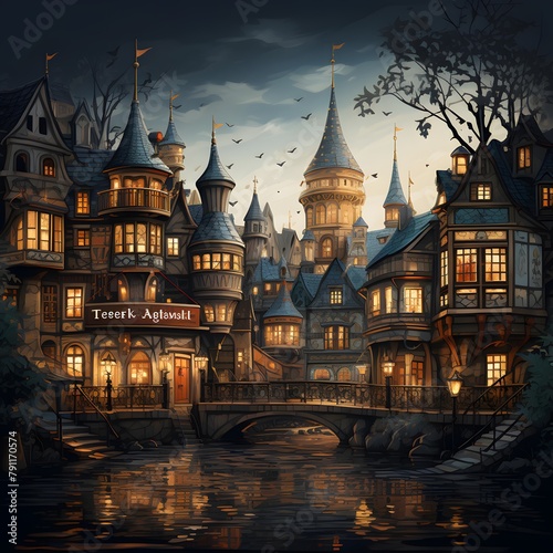 Illustration of a fairy tale castle on the banks of the river