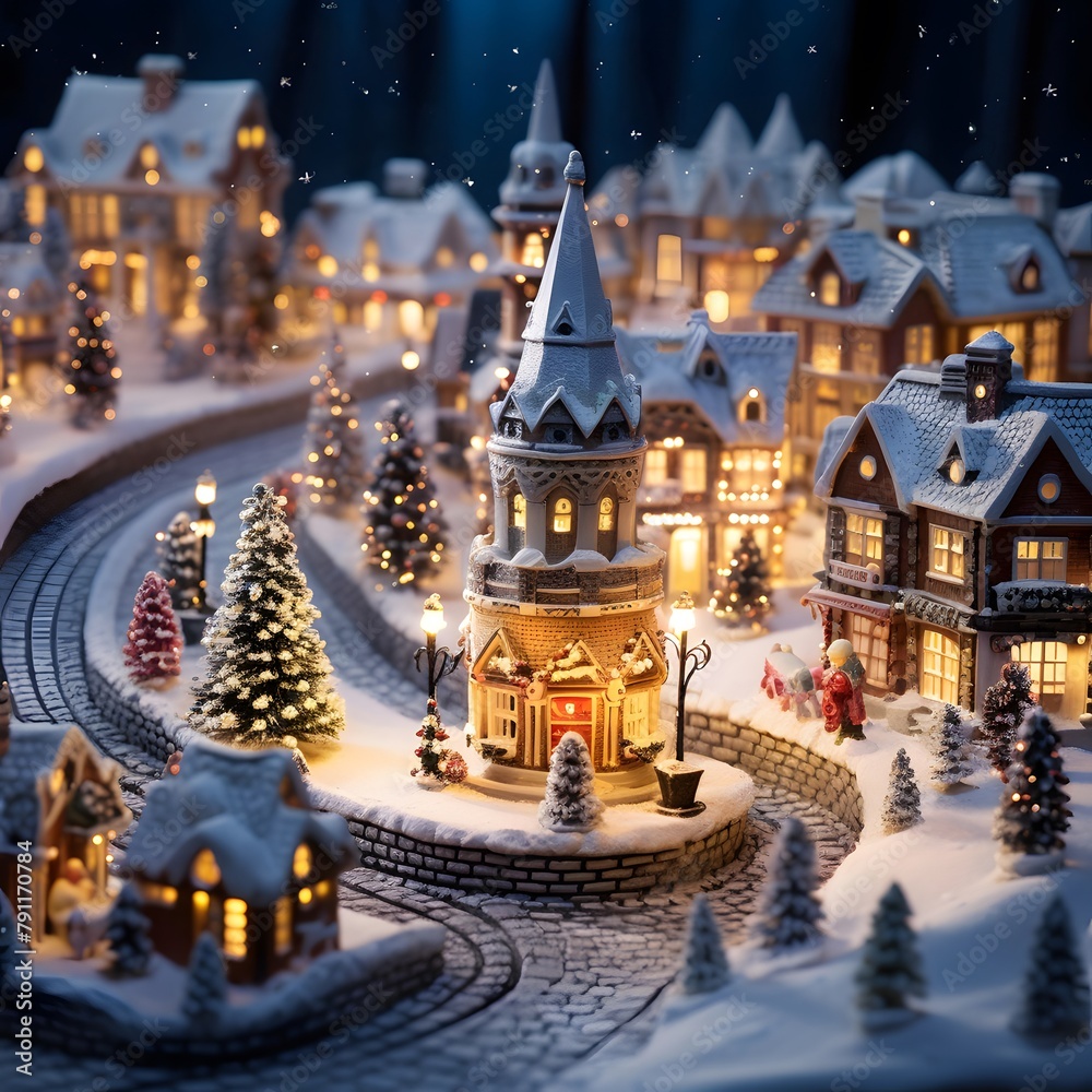Miniature Christmas village in snow. Christmas and New Year concept.