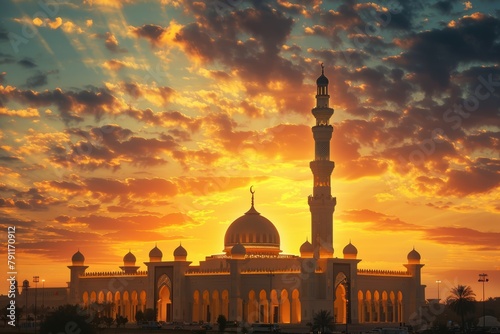 Mosque silhouetted against sunset sky in a city landscape