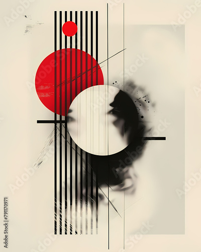 Geometric Art Canvas Painting: Black and Off-White Lines with Red Circle