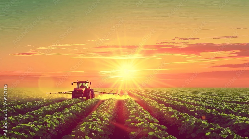 Fototapeta premium aerial view of tractor spraying pesticides on green soybean field at sunset vector illustration
