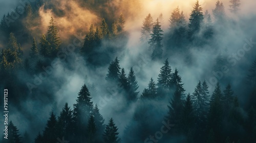 Amazing mystical rising fog forest trees landscape in black forest blackforest © Vikarest