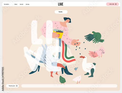 Life Unframed: Birds -modern flat vector concept illustration of a woman feeding birds. Metaphor of unpredictability, imagination, whimsy, cycle of existence, play, growth and discovery