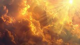 bright sunlight breaking through clouds warm golden glow lens flare effect digital painting