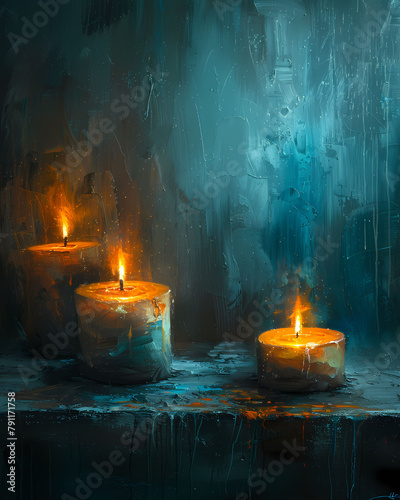 Minimalistic Historical Oil Painting Still Life on Canvas with Candles, Art, Painting, Candles