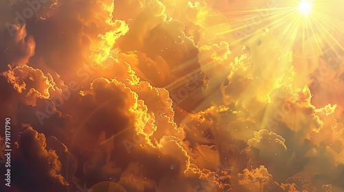 bright sunlight breaking through clouds warm golden glow lens flare effect digital painting