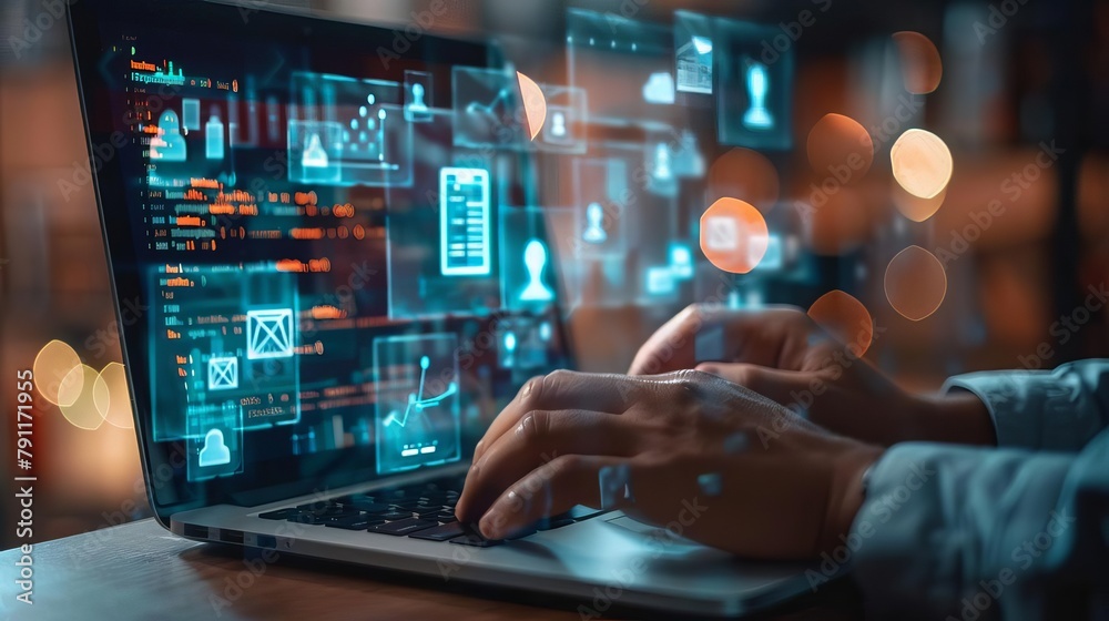 businessman working on laptop with digital document management system paperless workflow cloud technology concept digital illustration businessman working on laptop with digital document management system paperless workflow cloud technology concept digital illustration