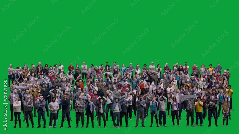 Big crowd of supportive sport fans gesticulate and shout watching soccer match on stadium. Group of multiethnic people cheering for football team playing in championship. Green screen. Alpha channel.