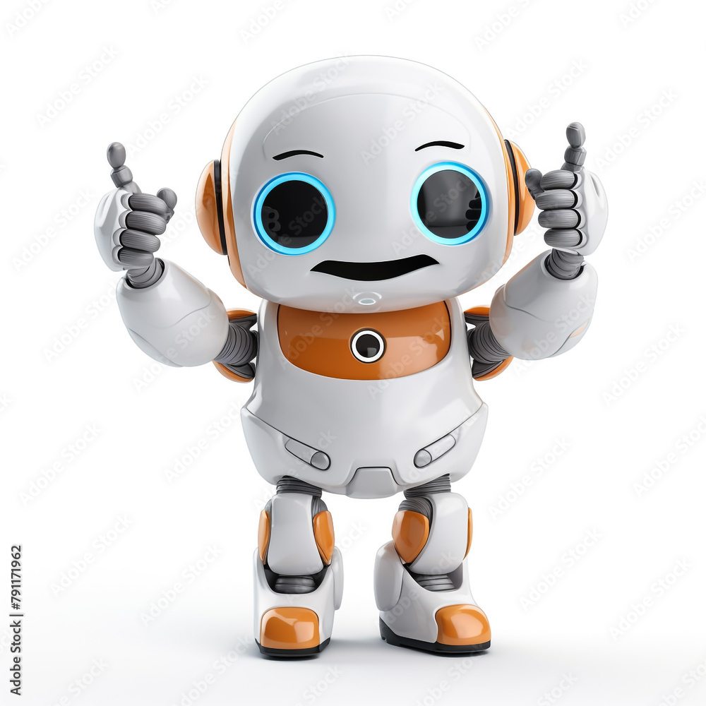 illustration of a happy droid little robot thumb up on isolated white background