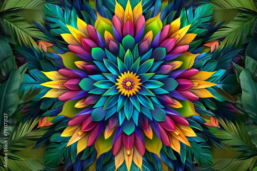 A vibrant flower stands out among lush green leaves in a natural setting A vibrant flower stands out among lush green leaves in a natural setting