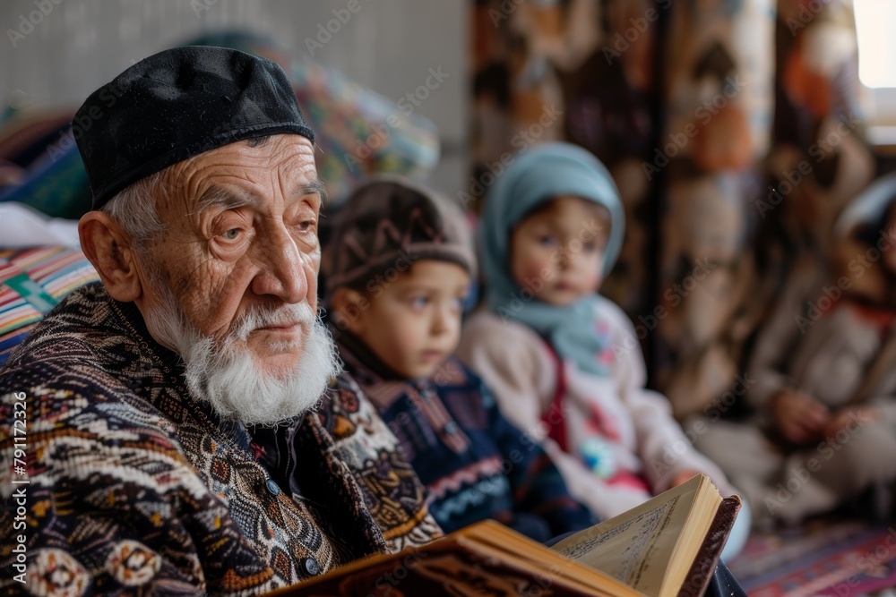 an elderly man is reading a book to a group of children