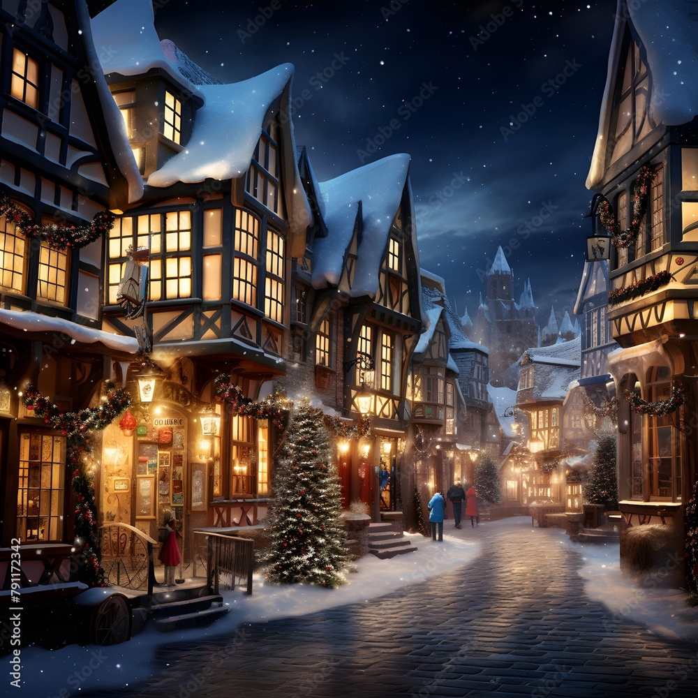 Digital painting of a winter night in La Petite France, Strasbourg