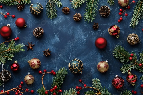 Christmas ornaments, baubles and pine brnaches, on dark blue table, top view, seamless pattern photo