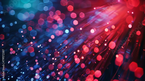 Fiber Optics Network - Close-up of glowing fiber optics cables with vibrant blue and red bokeh lights symbolizing connectivity.
