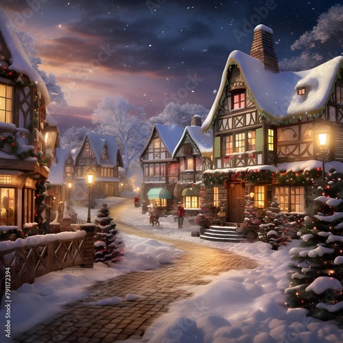 Winter night in the village. Christmas and New Year holidays concept. © Iman