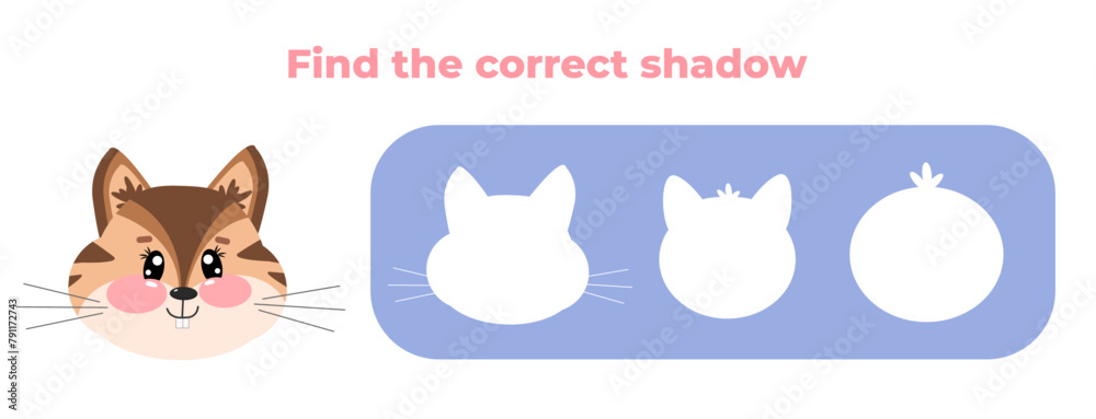 Find the correct shadow of chipmunk. Matching education game for children, kids. Cute kawaii chipmunk face animal. Educational preschool mini game Find the correct shadow of chipmunk. Matching education game for children, kids. Cute kawaii chipmunk face animal. Educational preschool mini game