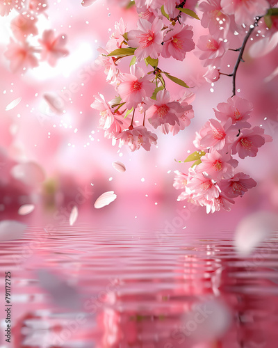 Ethereal Pink Serenity: Delicate Cherry Blossoms Dance on Rippling Waters, Petals Float Gracefully