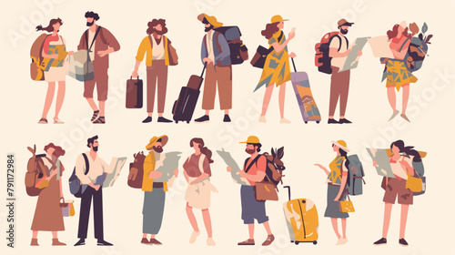 Collection of male and female travelers with map st