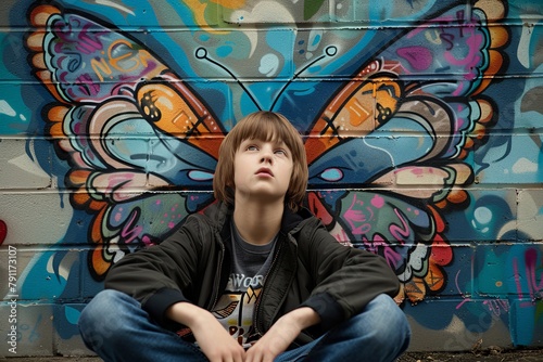A young man is seated in front of a wall adorned with a vibrant butterfly painting