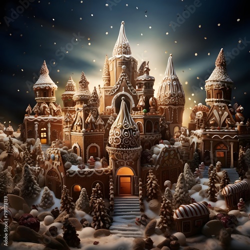 Gingerbread house in the snow. Christmas background. 3d illustration.
