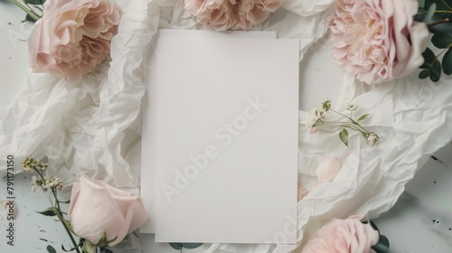 Blank mockup of a wedding of a wedding greeting card with elegant calligraphy and room for a congratulatory message for the newlyweds. . photo