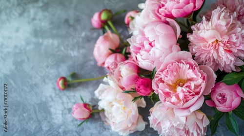 Fresh Pink Peonies and Roses Bouquet with Copy Space