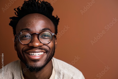Smiling with Style: Person in Fashionable Glasses on Solid Background © yuchen