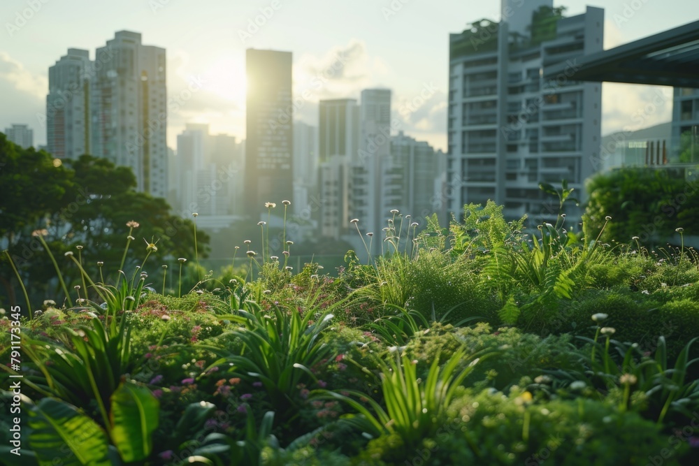 Fototapeta premium Environmentally friendly green city architecture skyscraper design urban planning nature leaves trees plants oxygen producing vertical garden eco-aware buildings tall modern town buildings