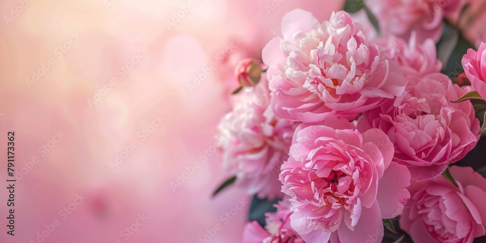 Fresh Pink Peonies and Roses Bouquet with Copy Space