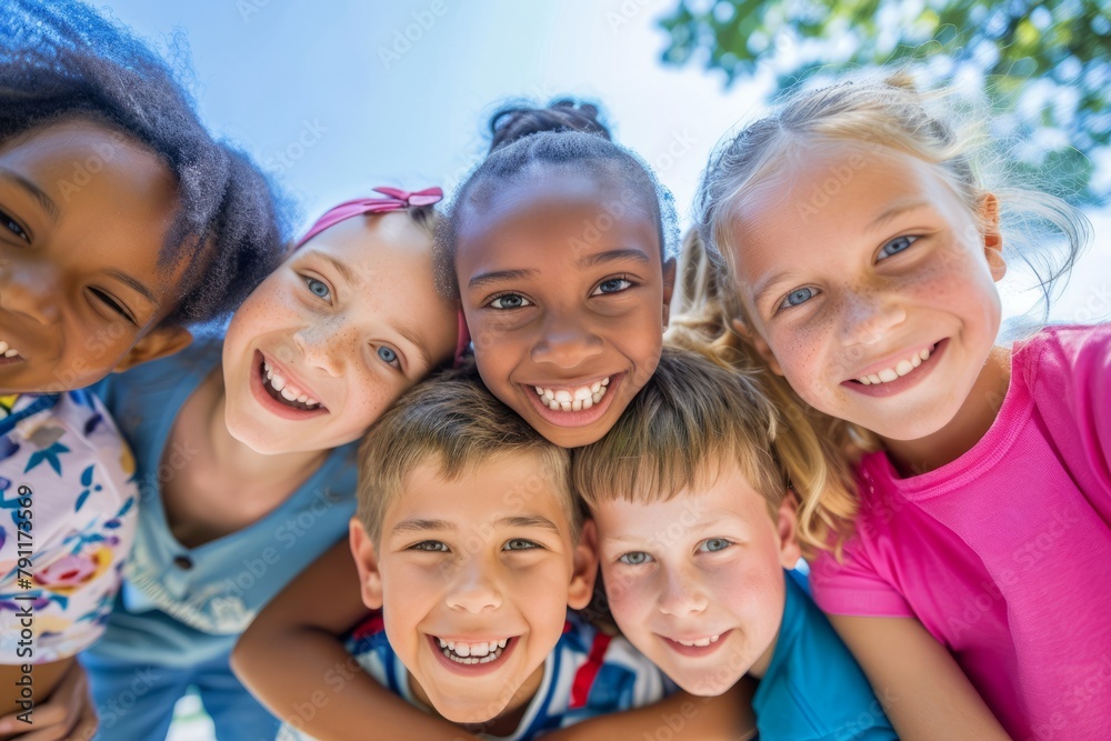 group of smiling multicultural kids looking at camera in park on sunny day group of smiling multicultural kids looking at camera in park on sunny day