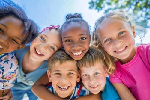 group of smiling multicultural kids looking at camera in park on sunny day