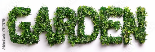 garden word spelled out with grass on a white background creates a simple and natural visual contrast