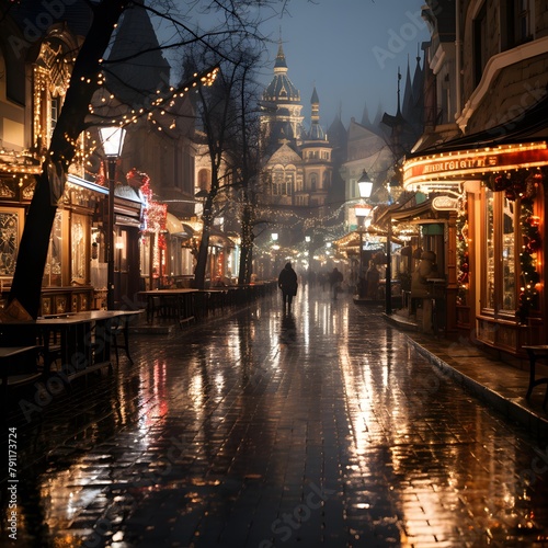 Blurred view of the street at night in Lviv  Ukraine