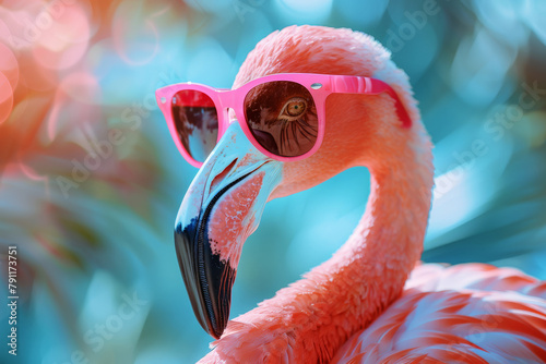 A flamingo stands wearing pink sunglasses against a blurred backdrop