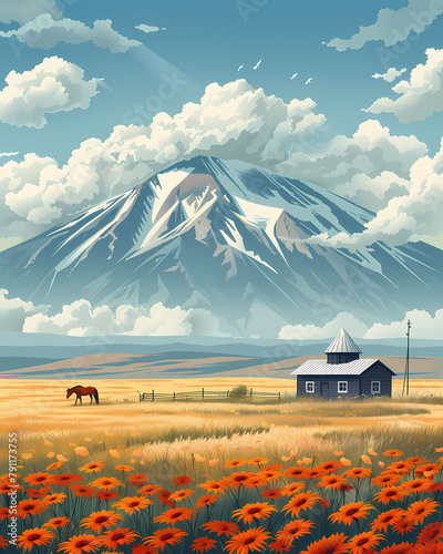 Vibrant Armenian Art: Horse Grazes in Field with Flowers and Mountain photo