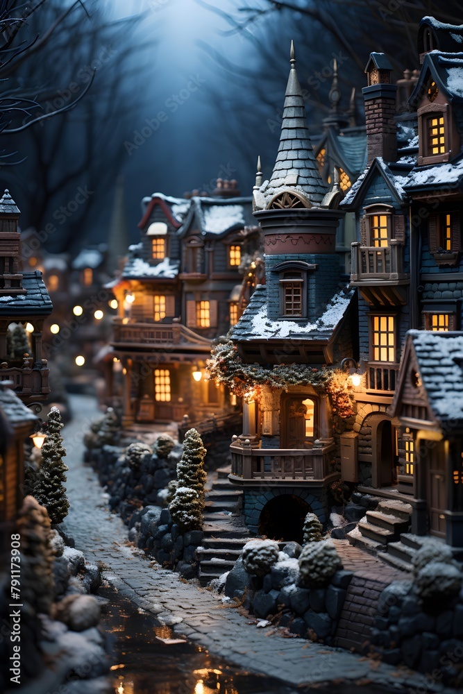 Miniature houses in the winter forest. Christmas holiday concept. 3d rendering