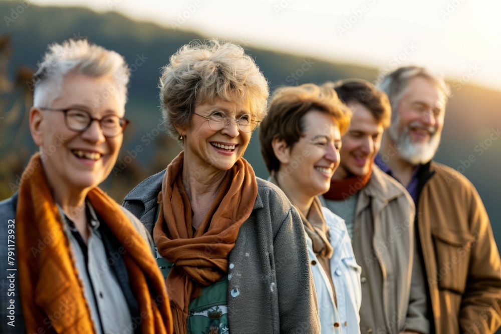 Group of senior friends walking outdoors in nature. They are smiling and looking at camera.